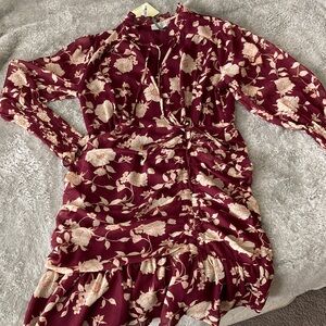 Dress Forum Burgundy and Cream Floral Long Sleeve Dress